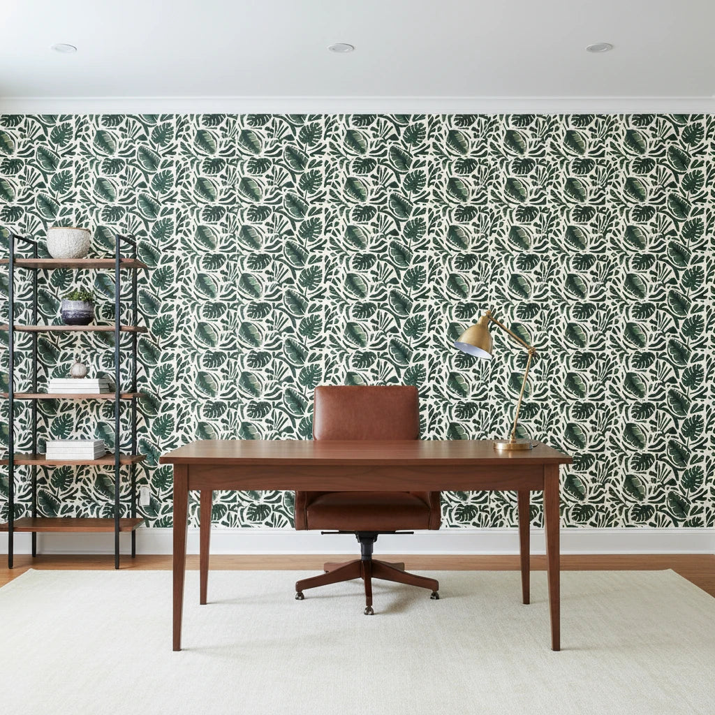Foliage Fragments dark green tropical leaf wallpaper as a feature wall in a bright home office