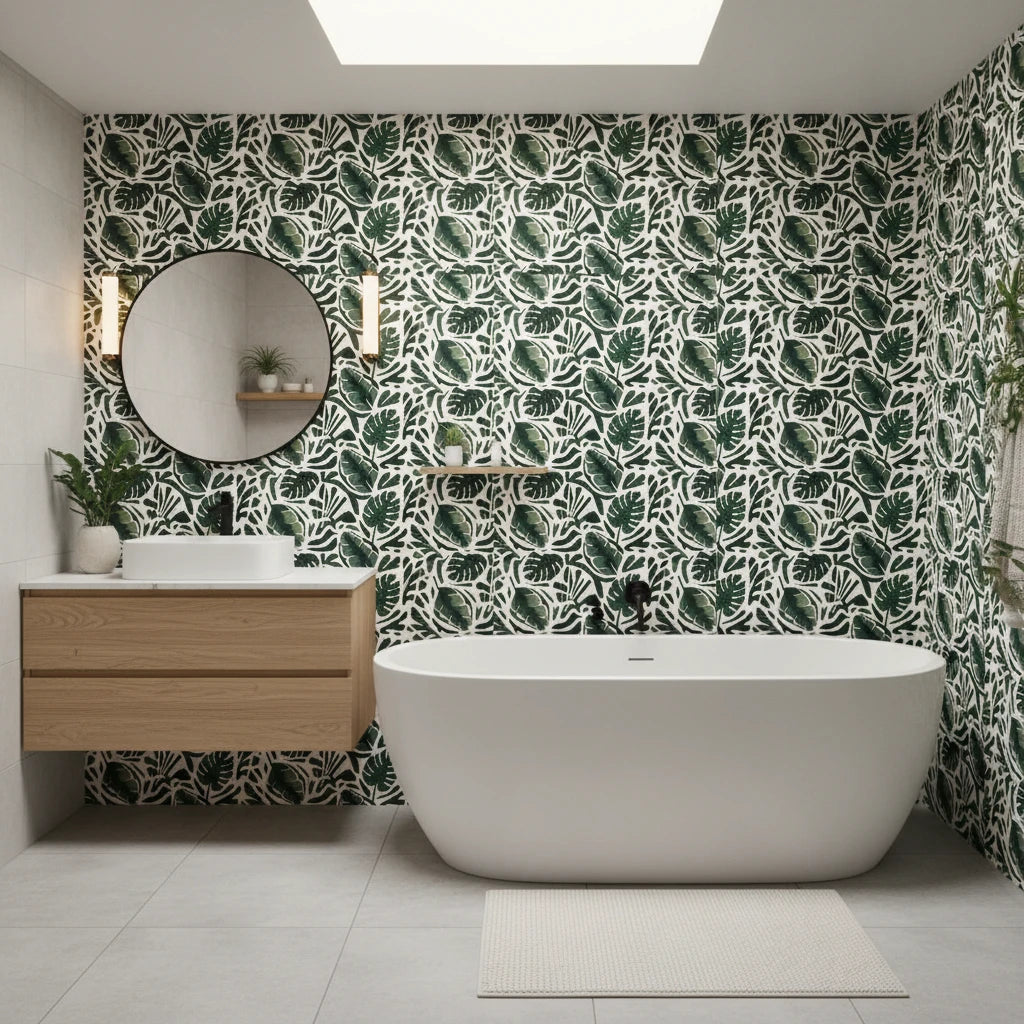 Foliage Fragments dark green tropical leaf wallpaper creating ambiance in a serene bathroom