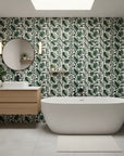 Foliage Fragments dark green tropical leaf wallpaper creating ambiance in a serene bathroom