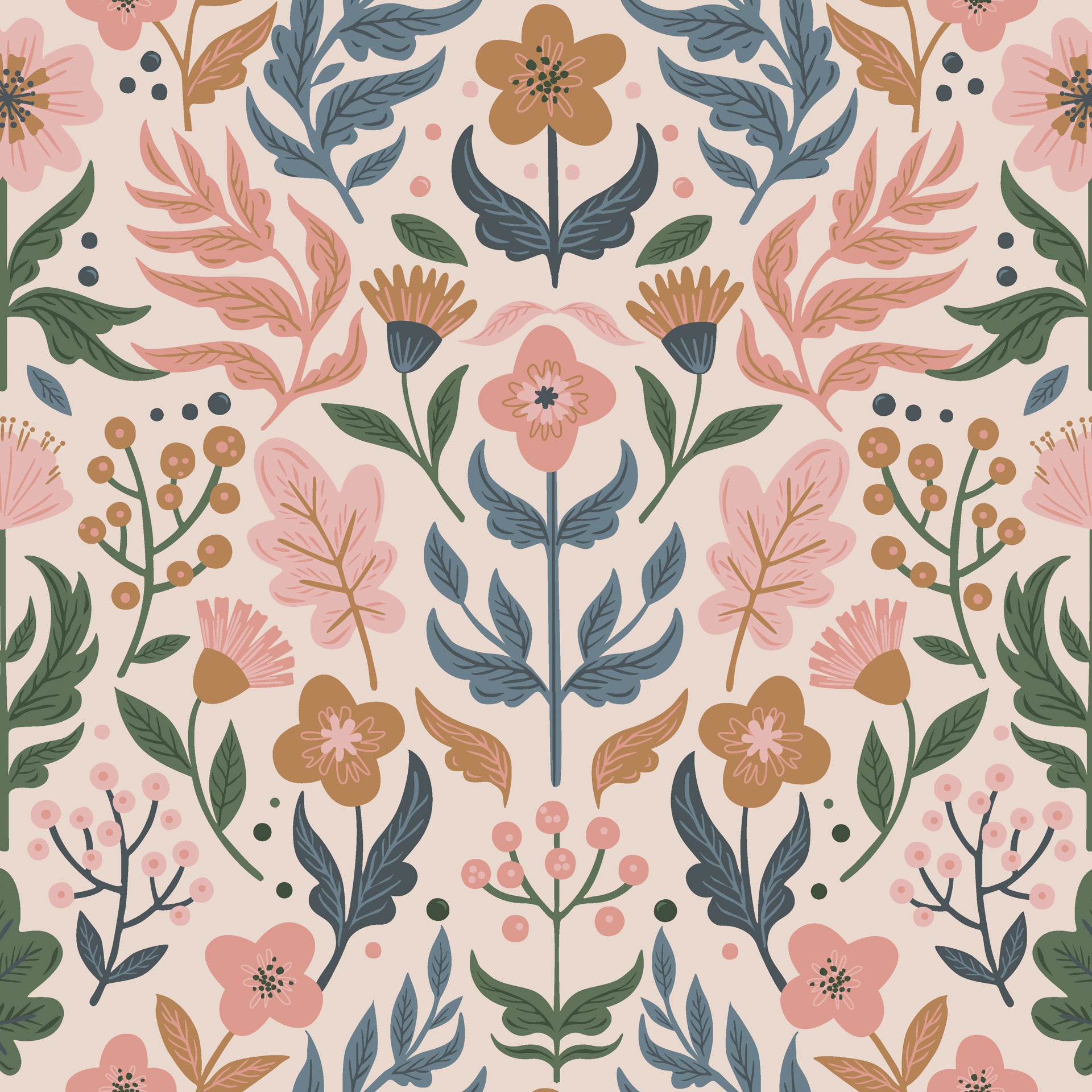 Soft folk-art floral wallpaper with stylized flowers, leaves, and berries in muted pink, sage green, dusty blue, and warm ochre on a pale blush background.