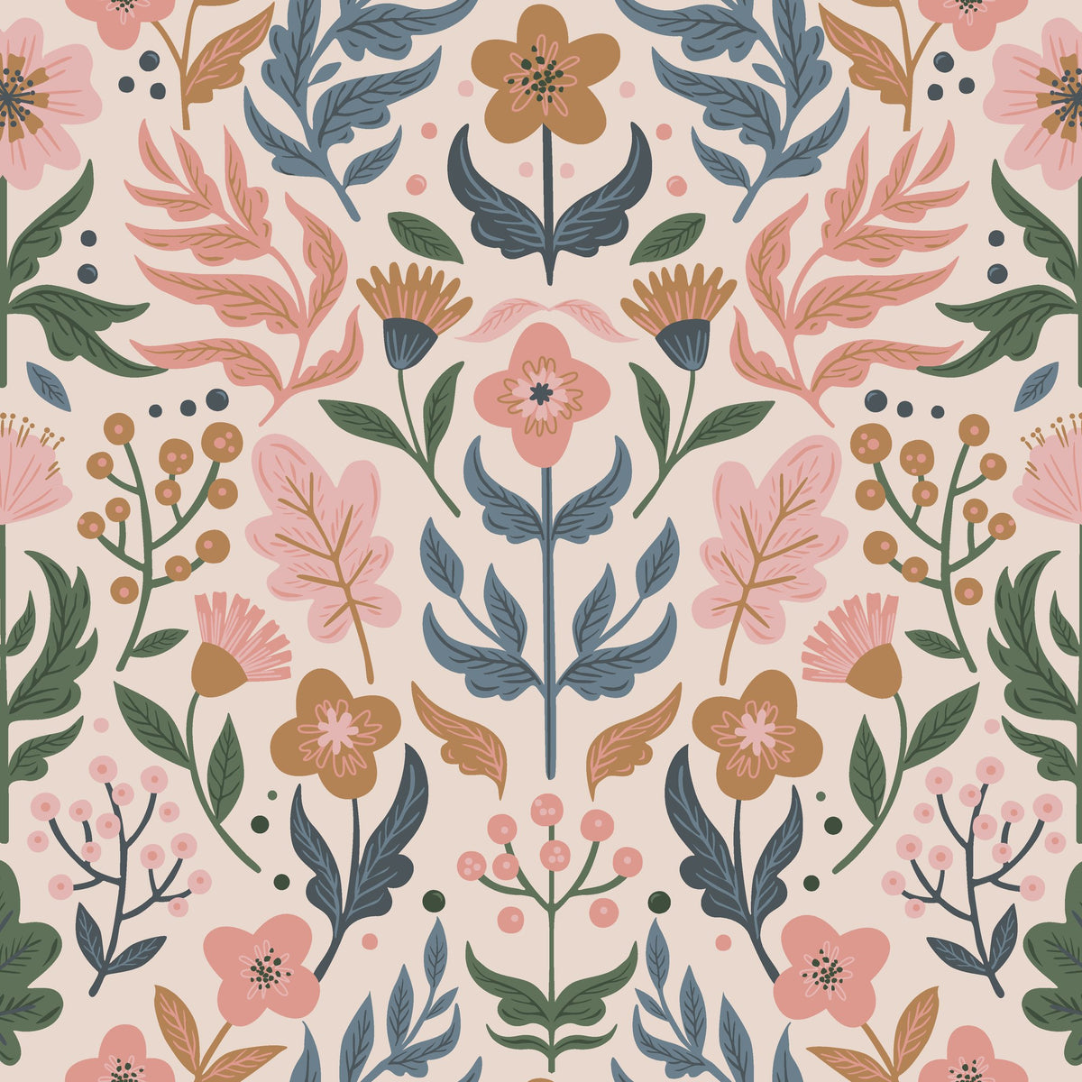 Folk Bloom cheerful floral wallpaper