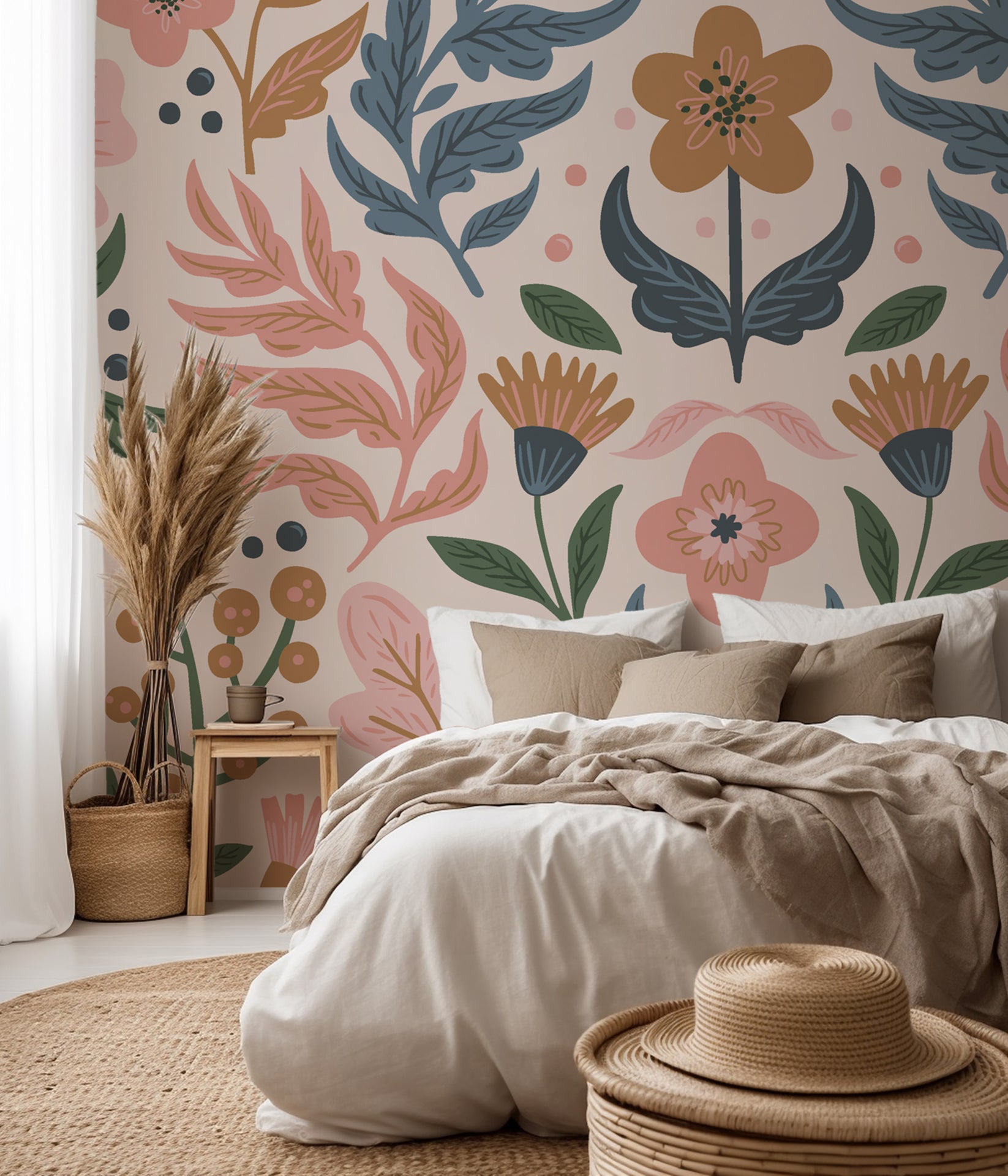 Soft folk-art floral wallpaper with stylized flowers, leaves, and berries in muted pink, sage green, dusty blue, and warm ochre on a pale blush background.