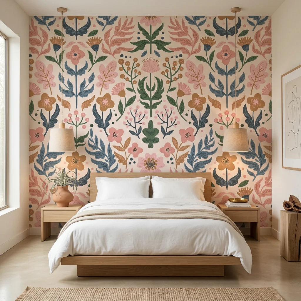 Folk Bloom cheerful floral wallpaper adding character to a cozy bedroom