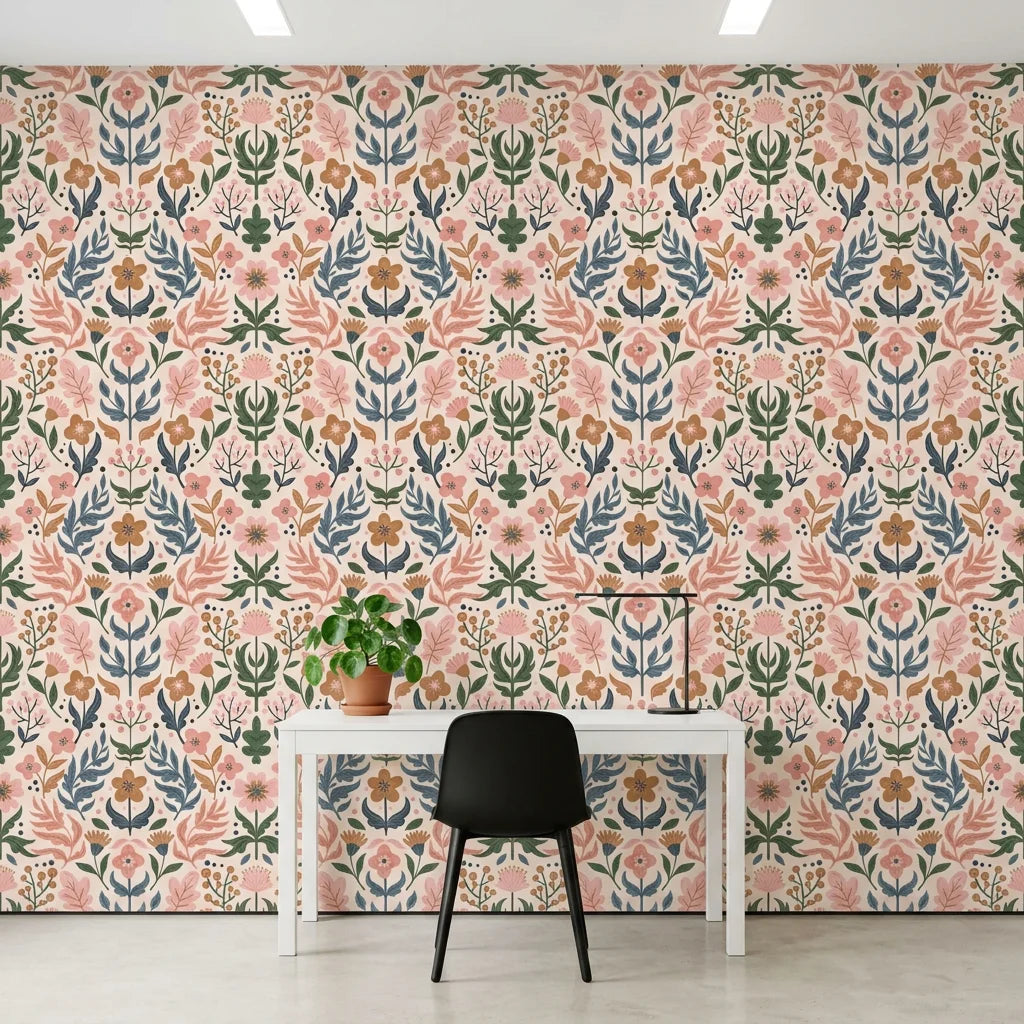 Folk Bloom cheerful floral wallpaper as a feature wall in a bright home office