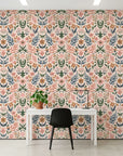 Folk Bloom cheerful floral wallpaper as a feature wall in a bright home office