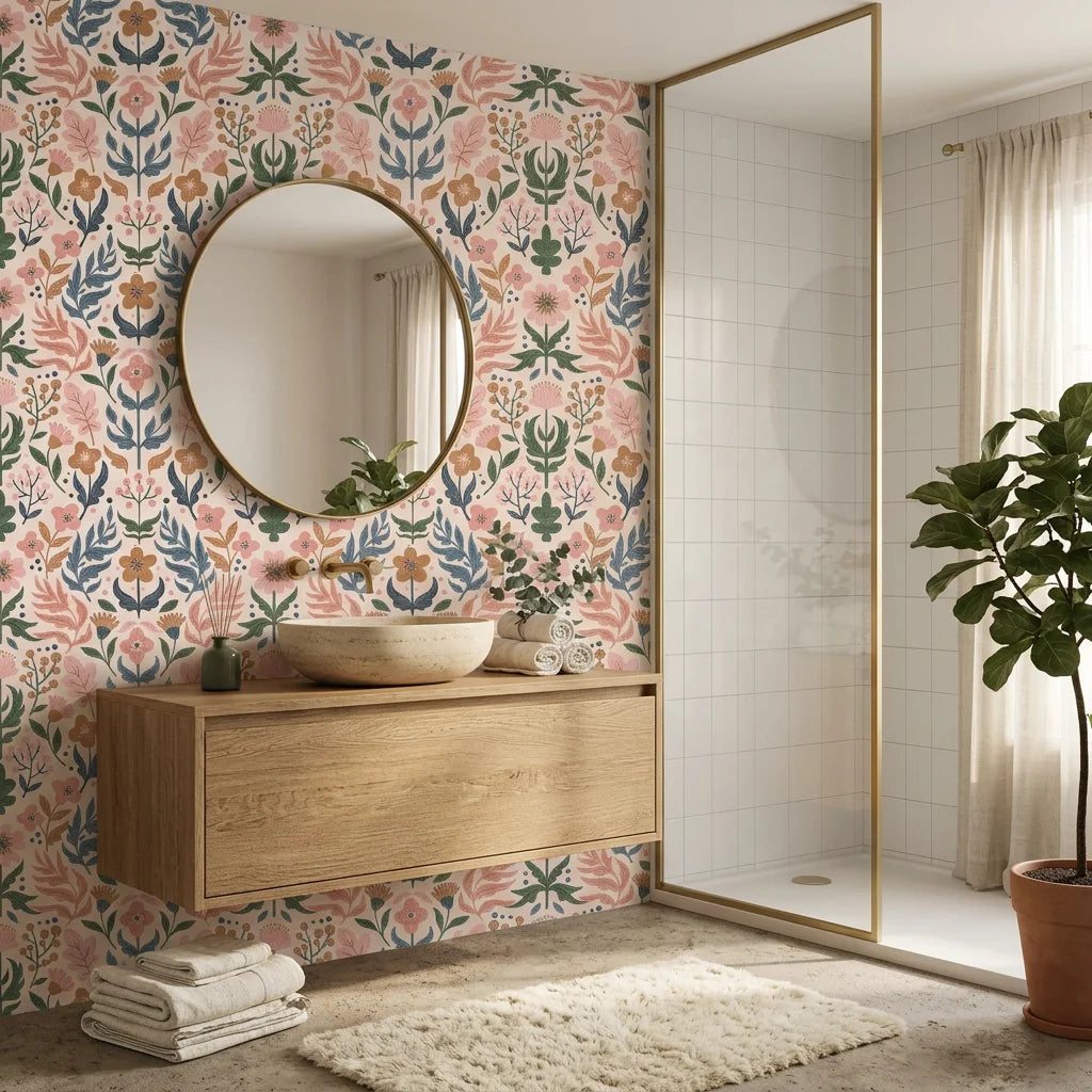 Folk Bloom cheerful floral wallpaper creating ambiance in a serene bathroom
