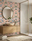 Folk Bloom cheerful floral wallpaper creating ambiance in a serene bathroom