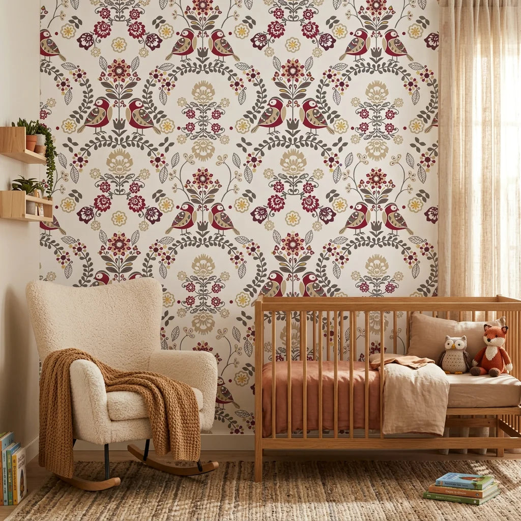Folk Garden wallpaper with burgundy birds and botanical motifs on cream background in modern nursery