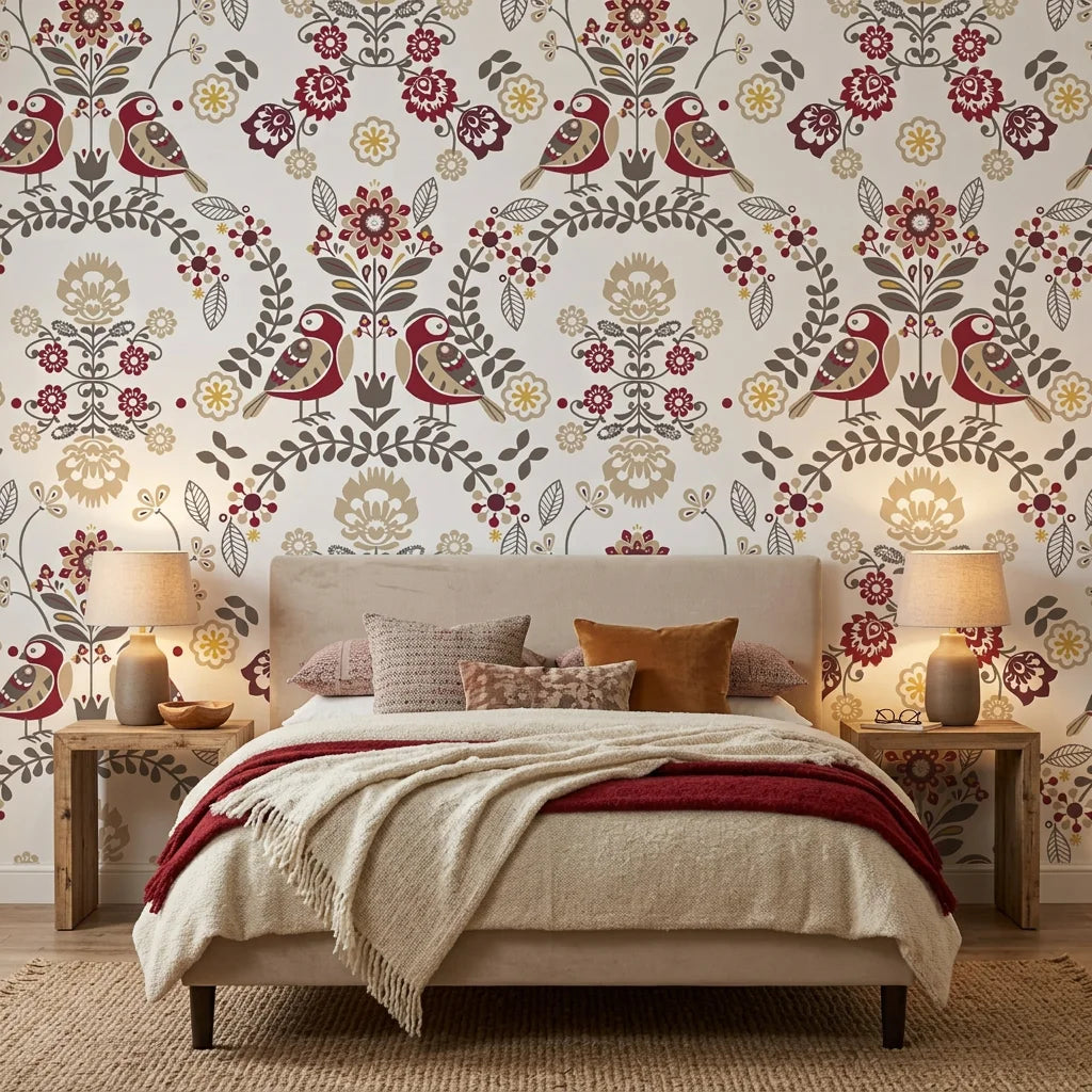 Folk Garden removable wallpaper with burgundy birds and beige florals on modern bedroom accent wall