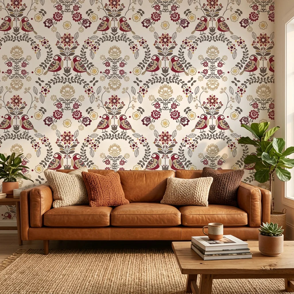 Folk Garden removable wallpaper with burgundy birds and floral motifs on living room accent wall
