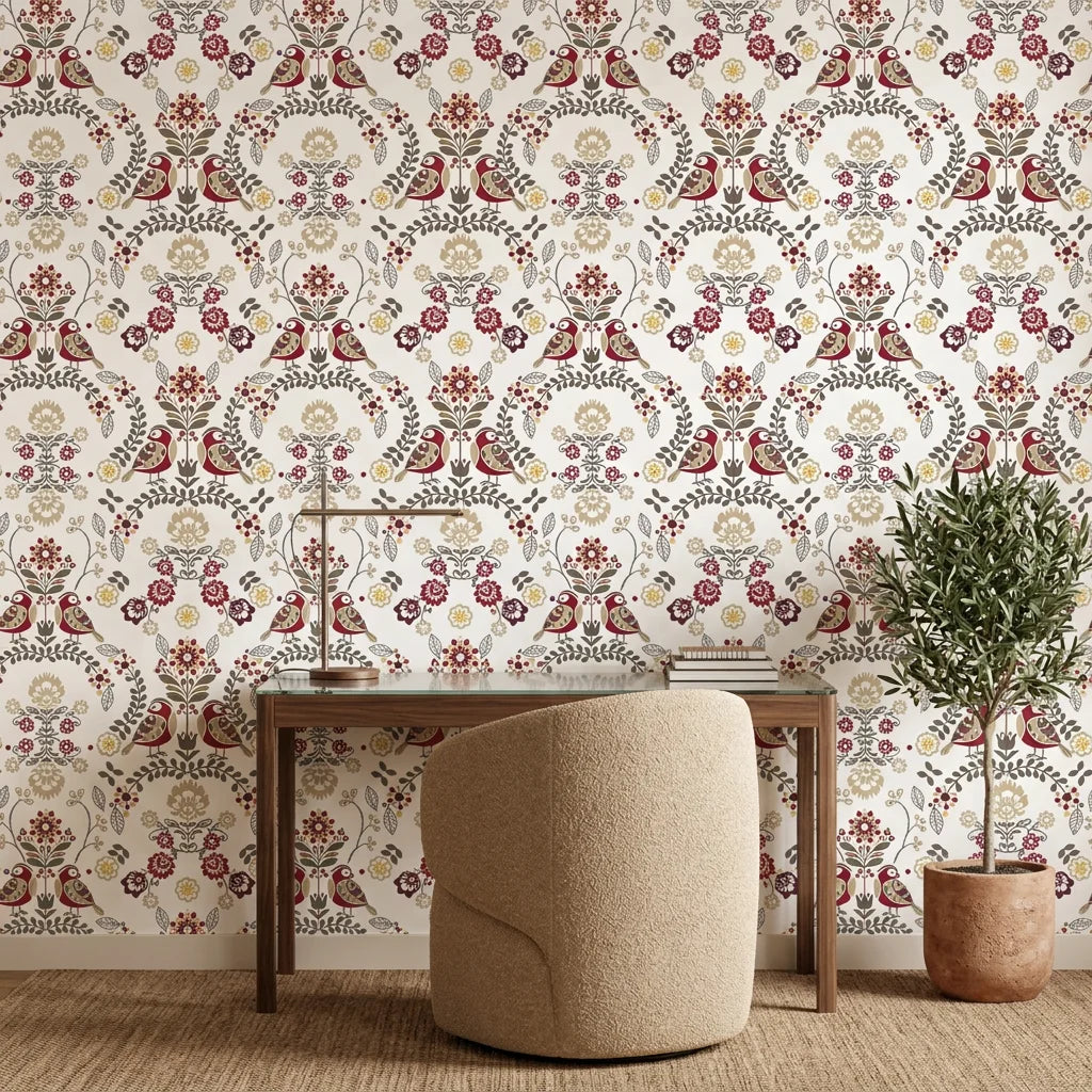 Burgundy and gold Folk Garden peel and stick wallpaper with symmetrical birds and floral motifs in home office