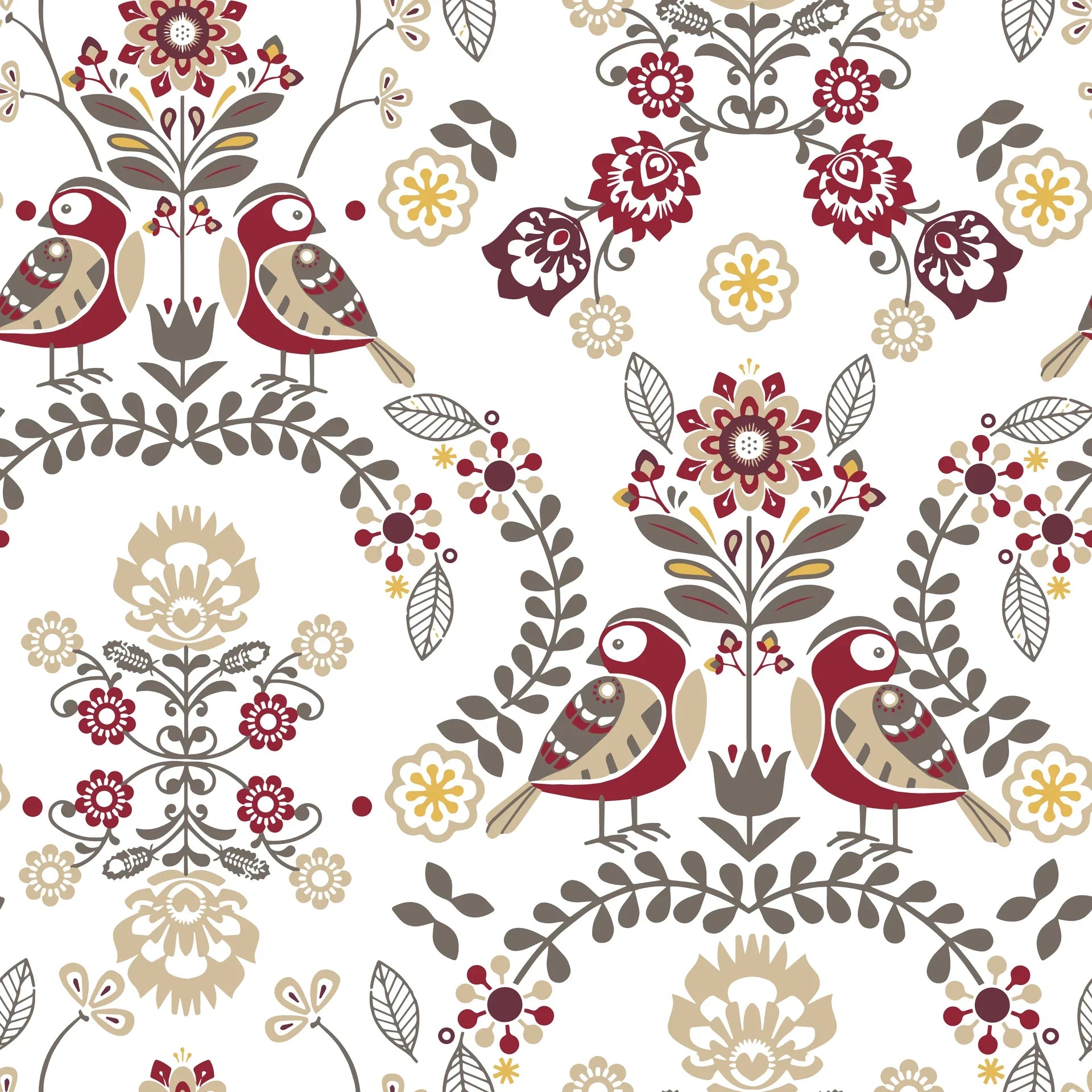 Folk Garden wallpaper with burgundy birds, taupe florals, and folk art motifs on cream background