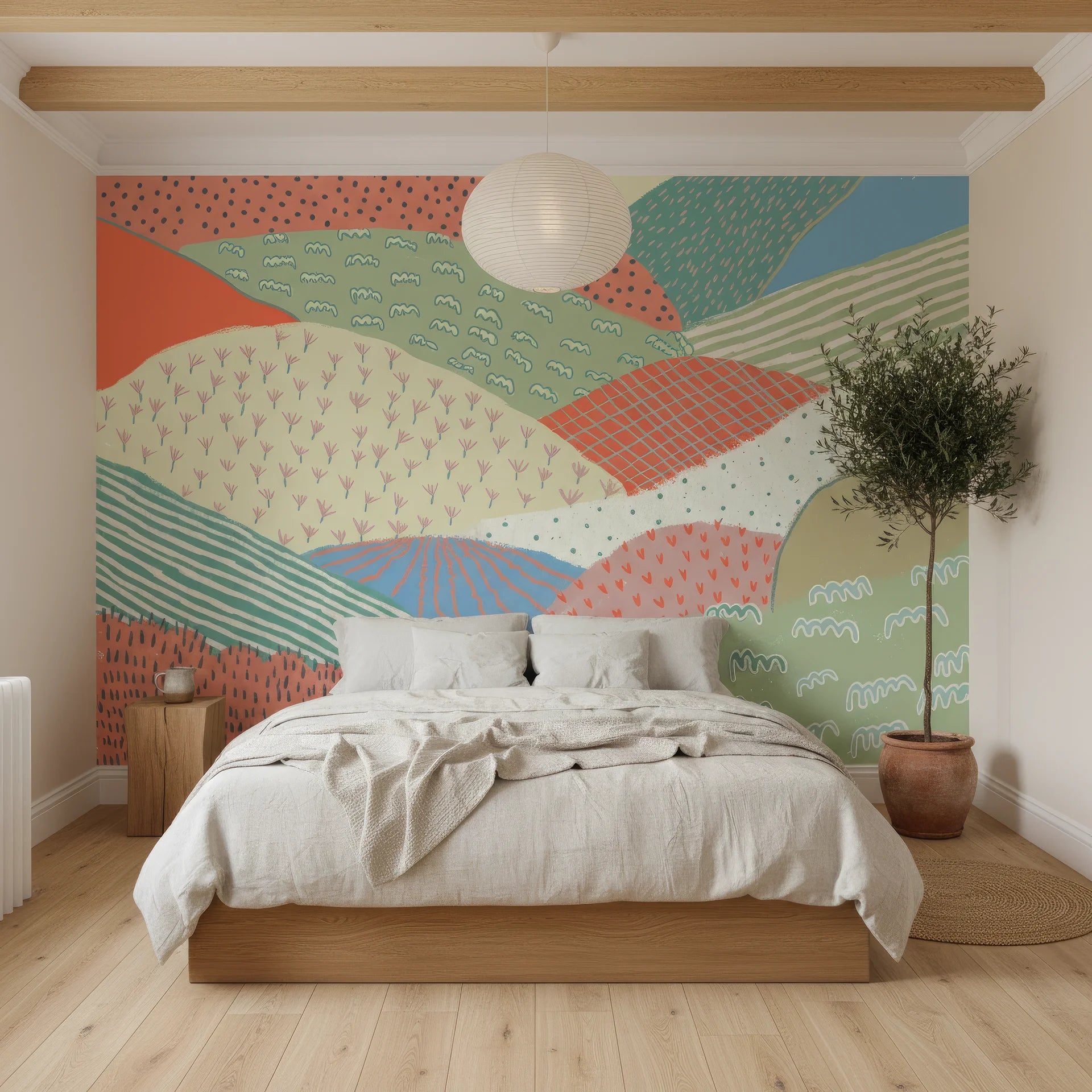 Folk art peel and stick wallpaper with patterned landscape bands