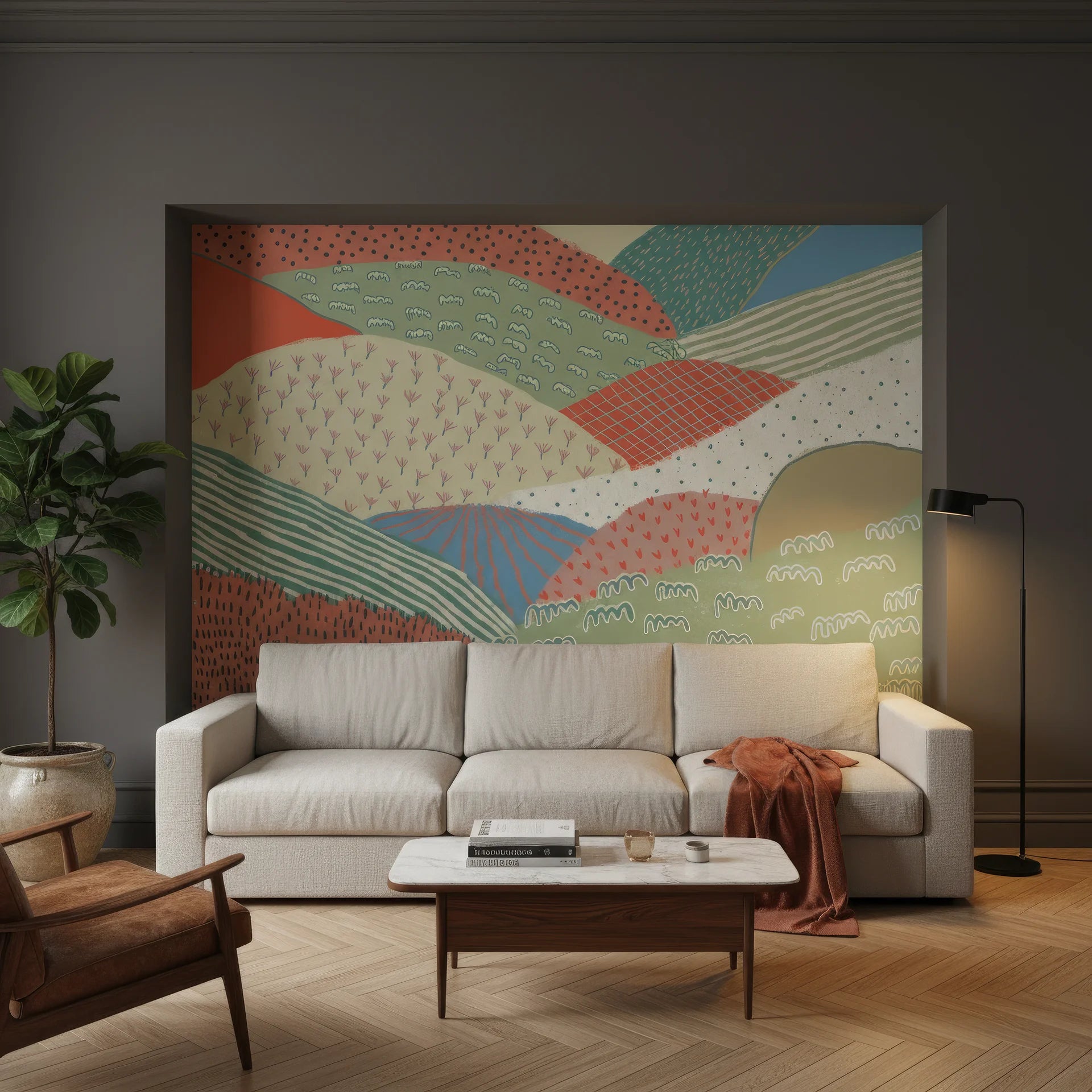 Multicolor removable wallpaper with playful folk-inspired design