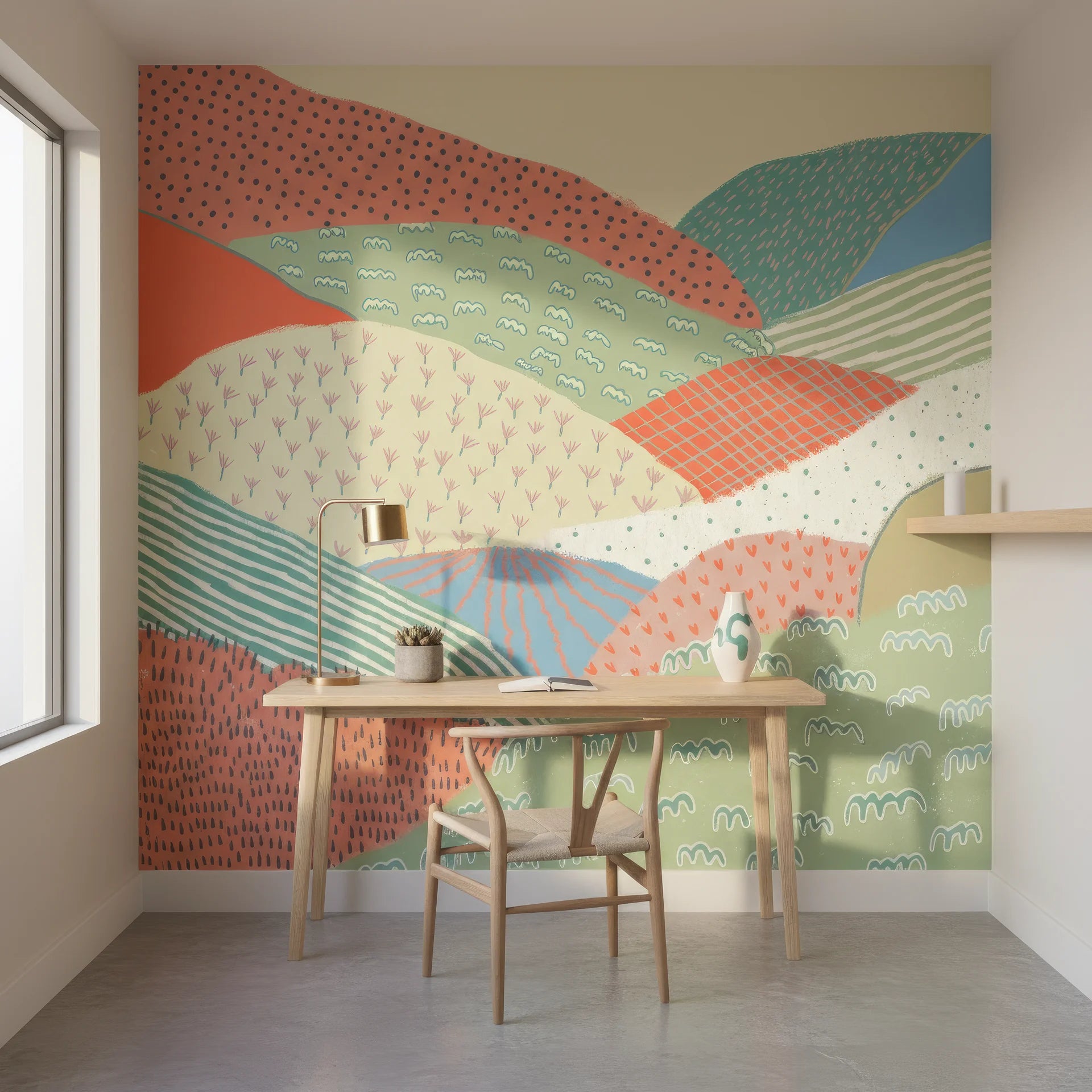 Whimsical folk pattern wallpaper sample with layered textures