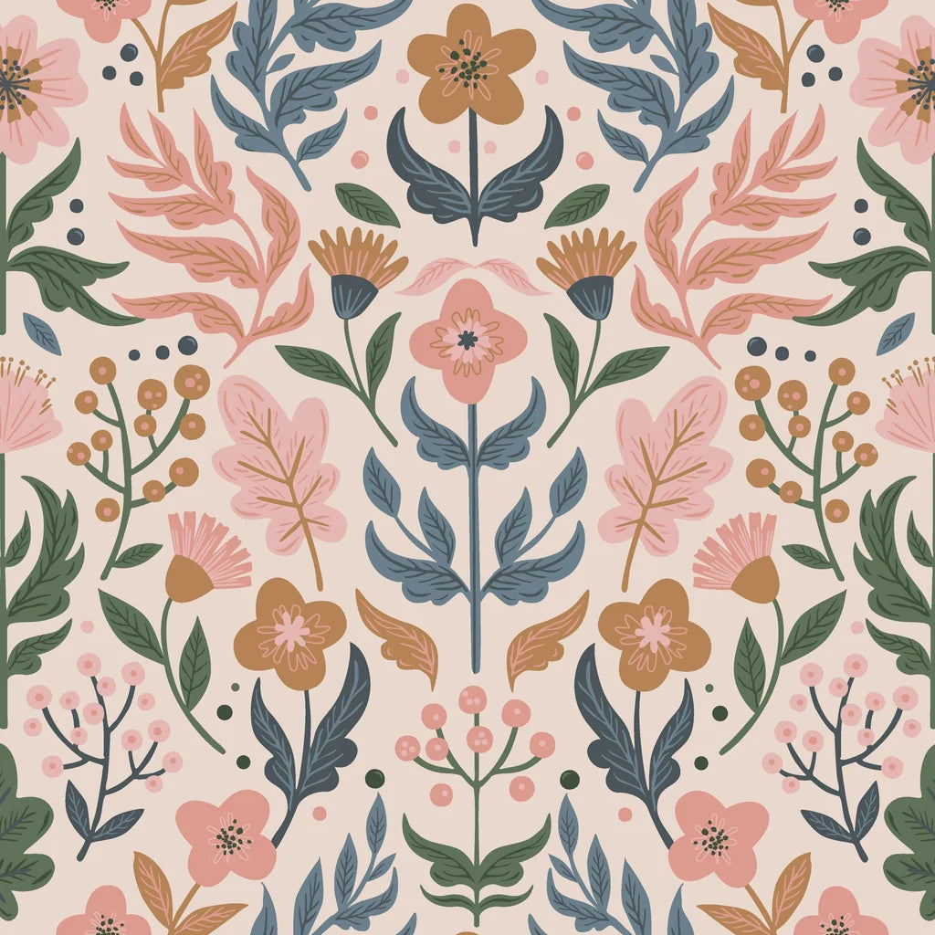 Stylized flowers, leaves, and berries form a soft folk-art pattern. The colors are subdued: muted pink, dusty blue, warm ochre, and sage green, set against a pale blush backdrop.