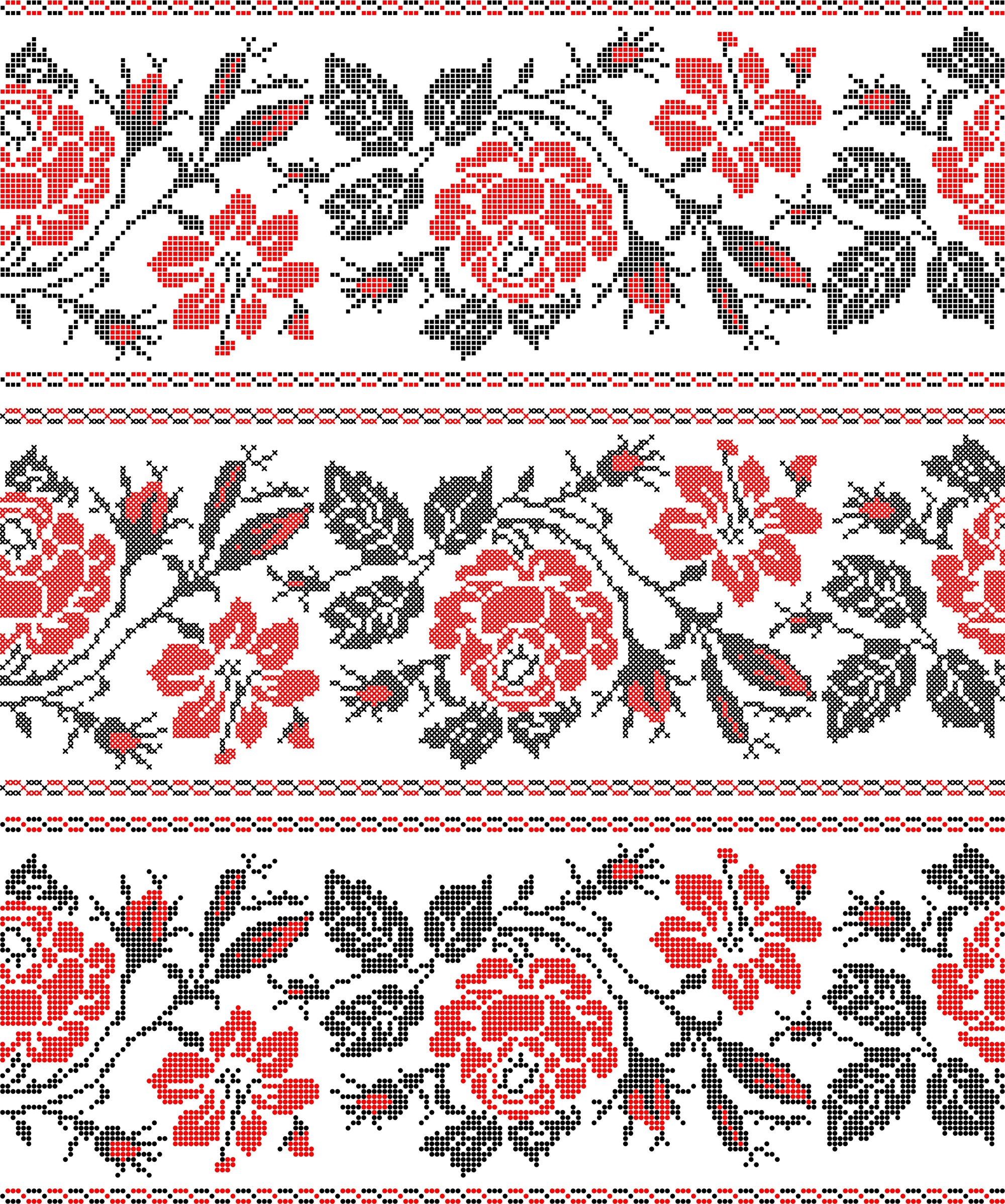 Textured red black cross stitch peel and stick wallpaper - Folk Rose Stitch