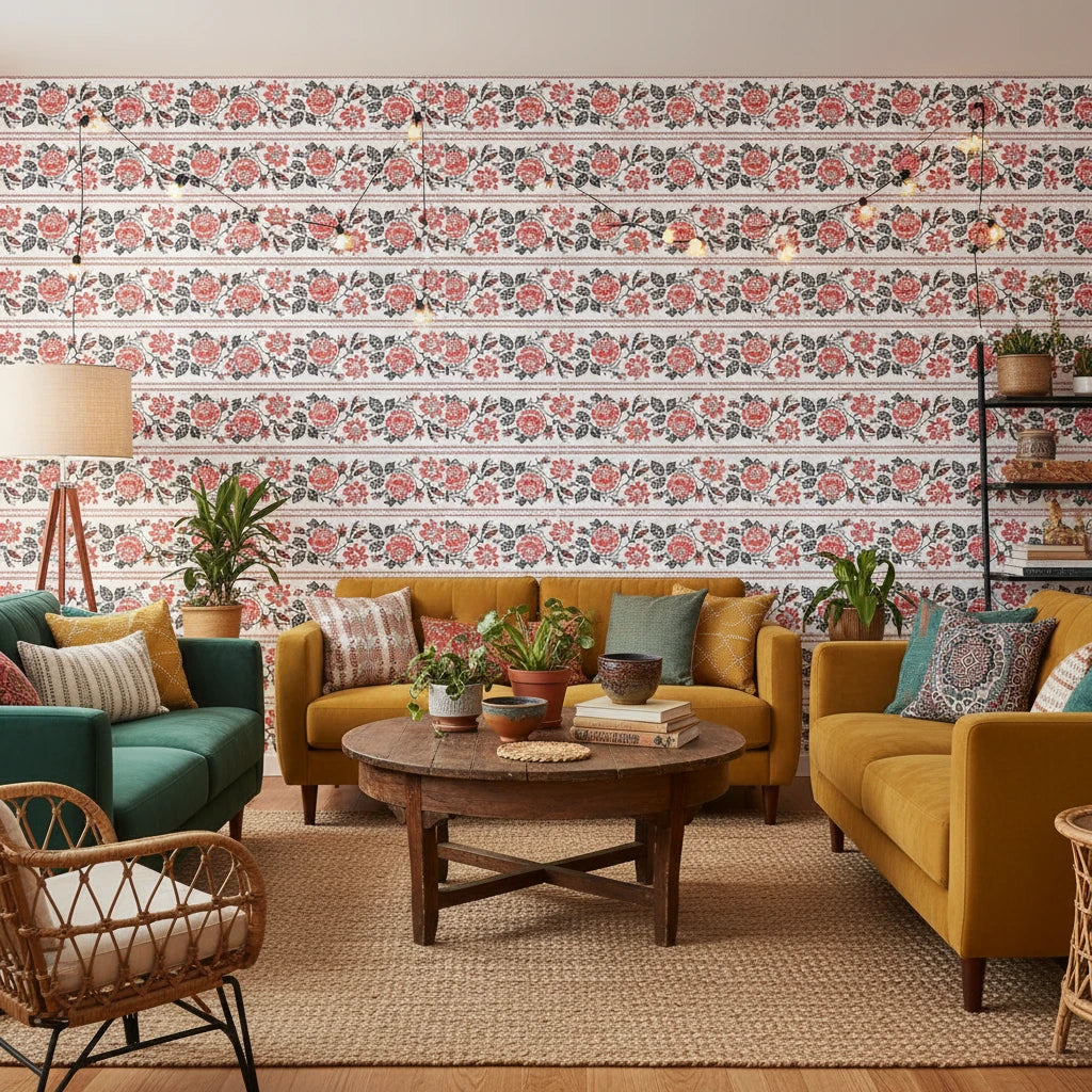 Folk Rose Stitch red and black folk rose wallpaper in a warm and inviting living room