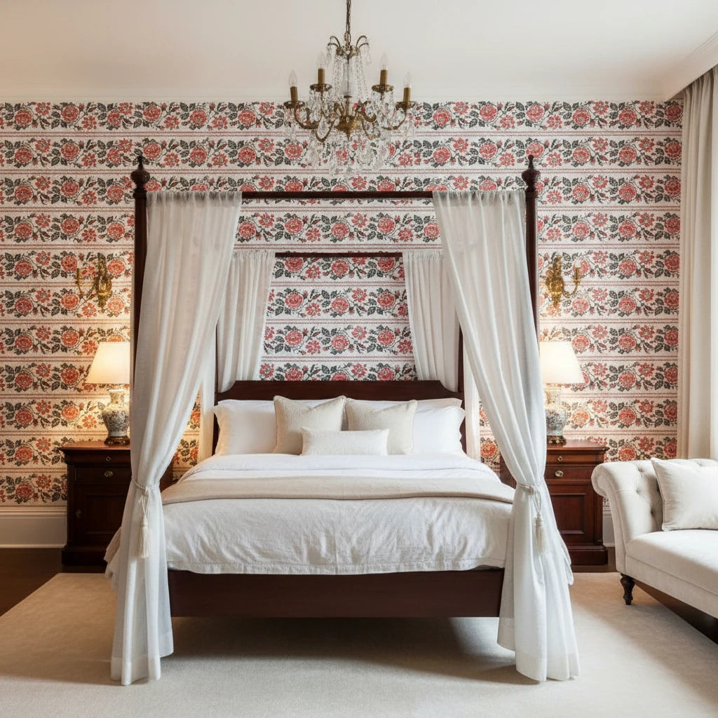 Folk Rose Stitch red and black folk rose wallpaper adding character to a cozy bedroom