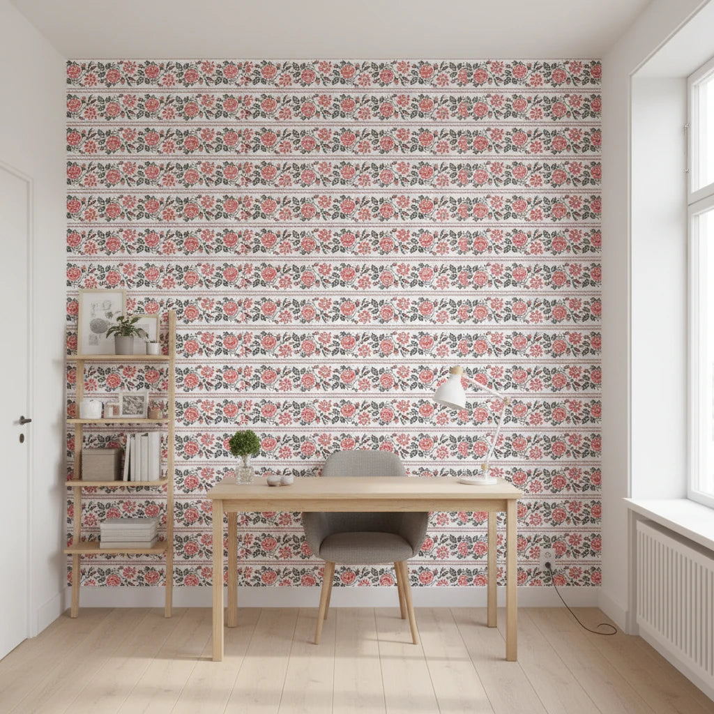 Folk Rose Stitch red and black folk rose wallpaper as a feature wall in a bright home office