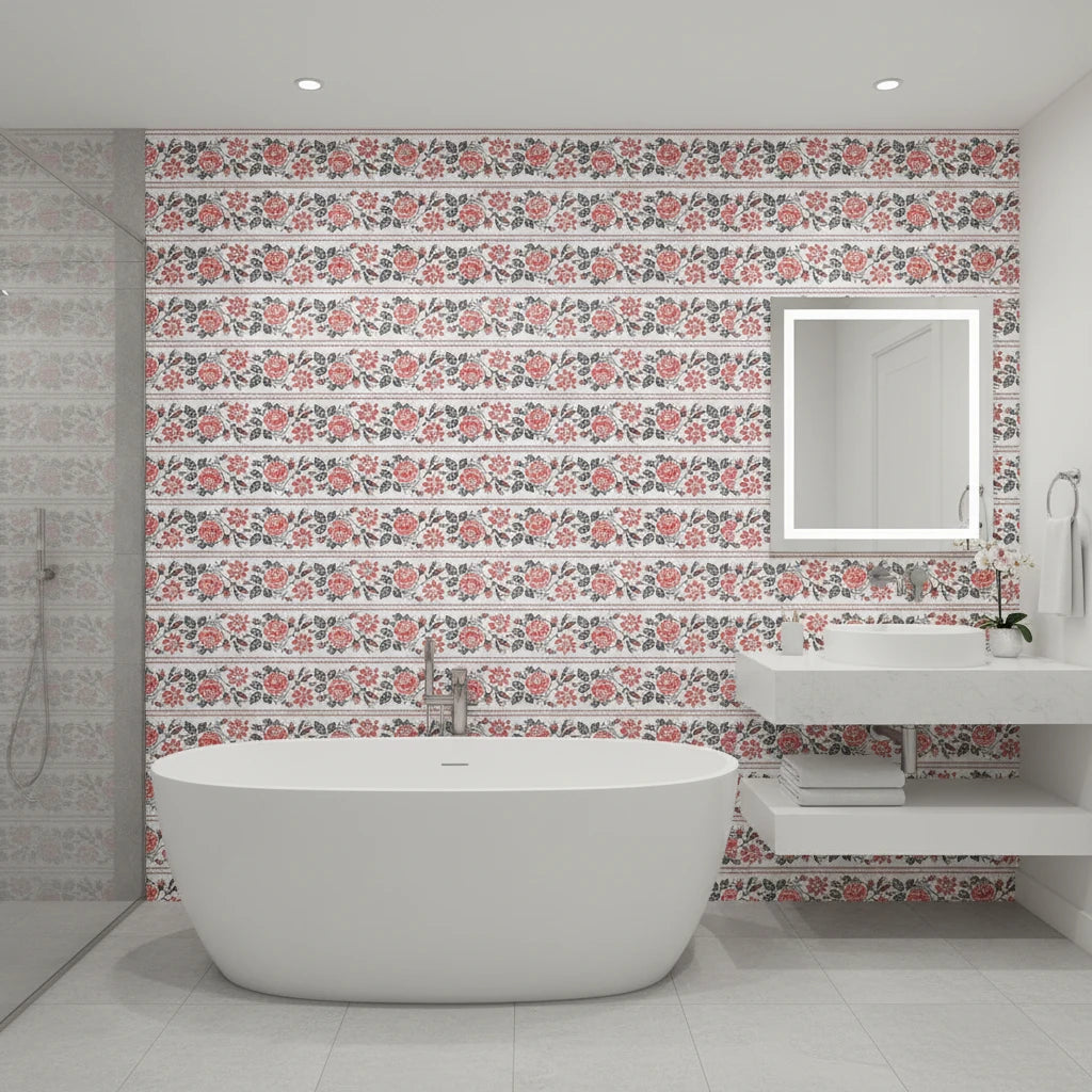 Folk Rose Stitch red and black folk rose wallpaper creating ambiance in a serene bathroom