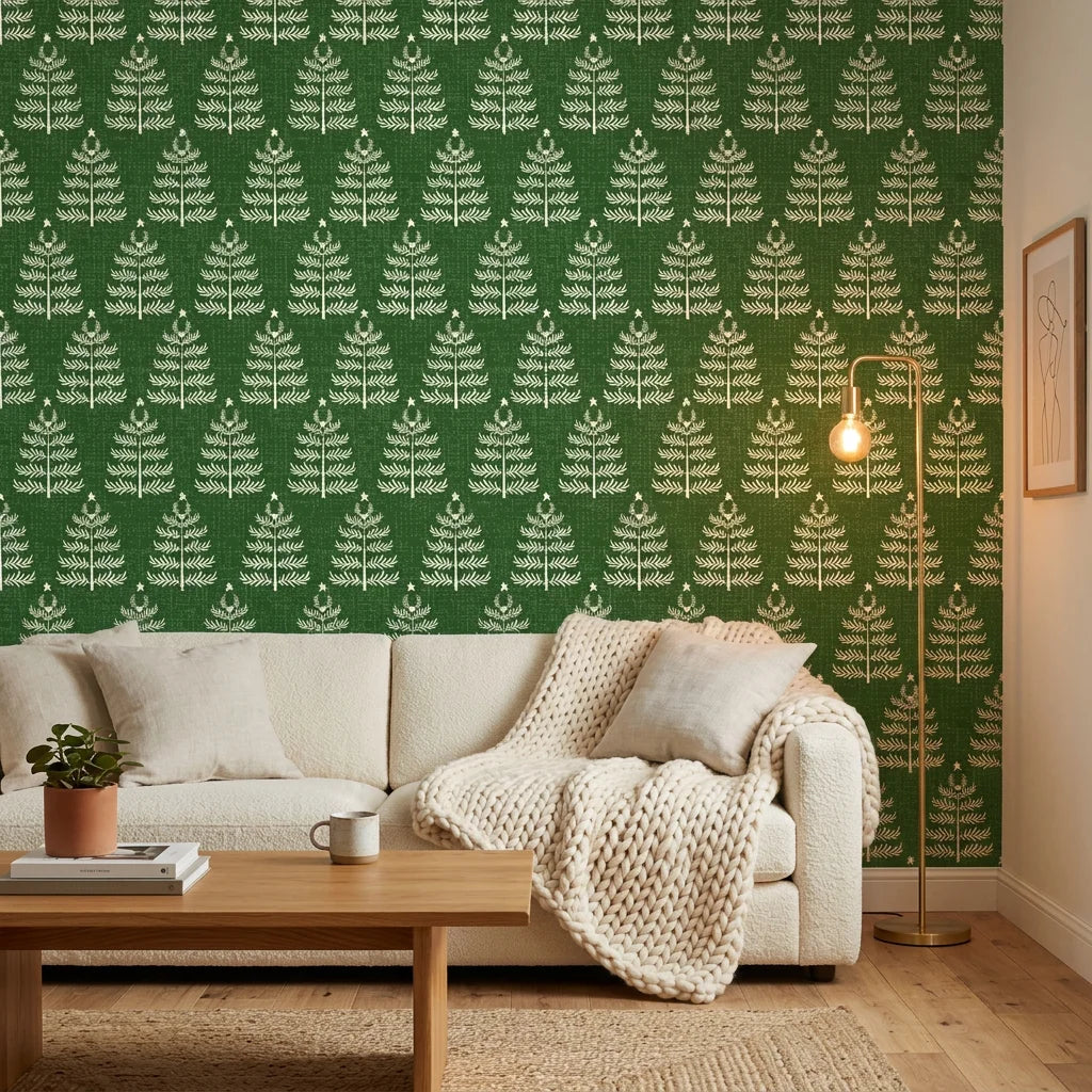 Forest green botanical wallpaper with cream fern pattern in modern living room setting