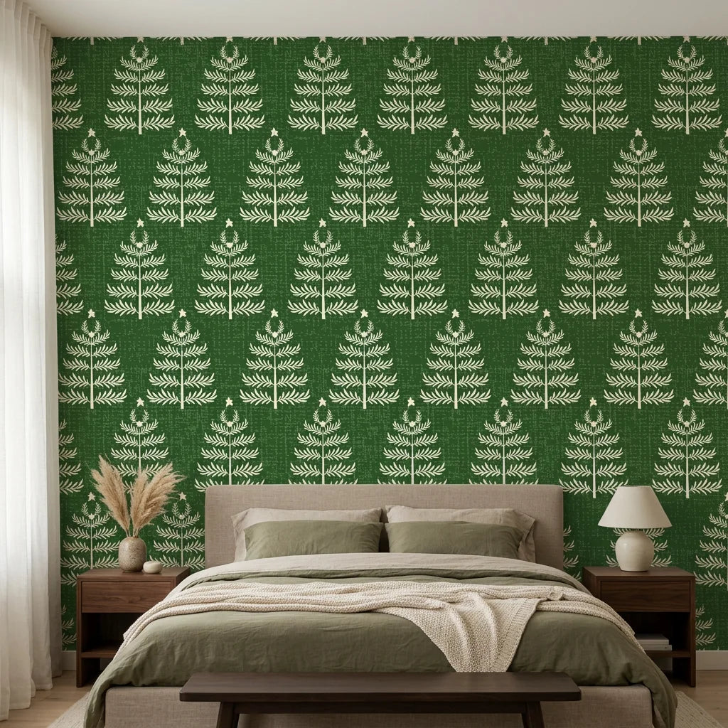 Forest green linen textured wallpaper with cream botanical fern motifs in modern bedroom setting