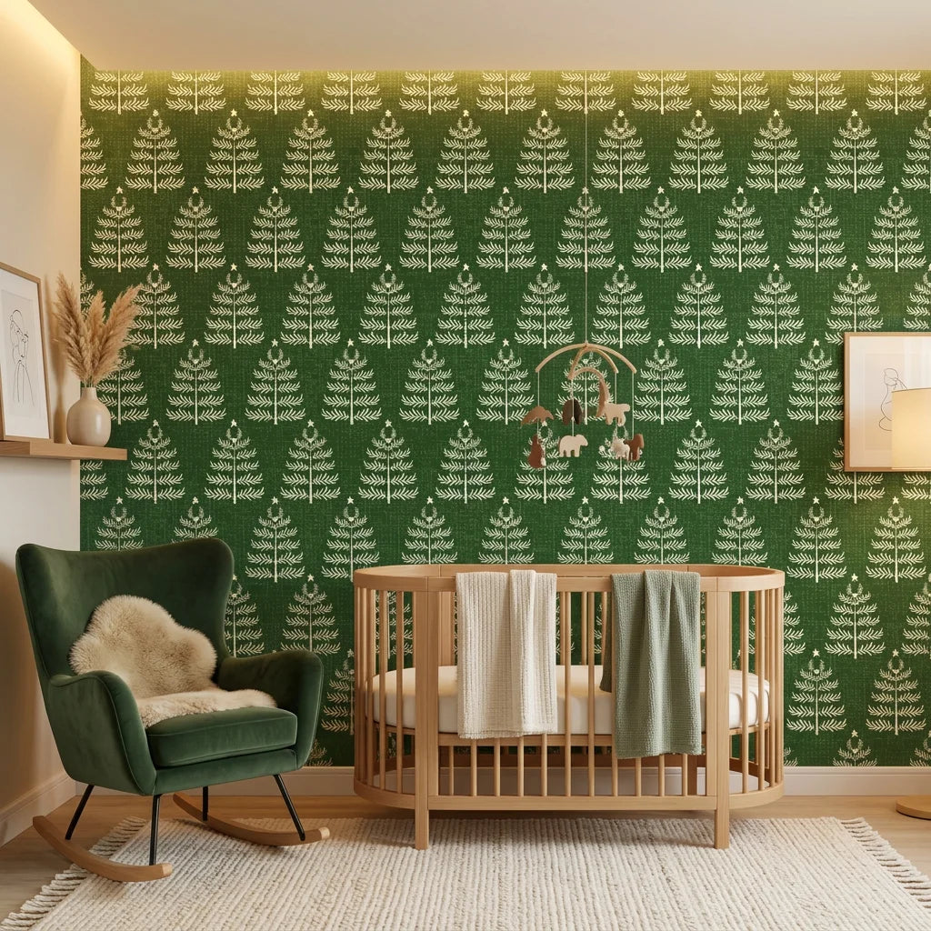 Forest Canopy removable wallpaper with cream fern motifs on forest green in modern nursery setting