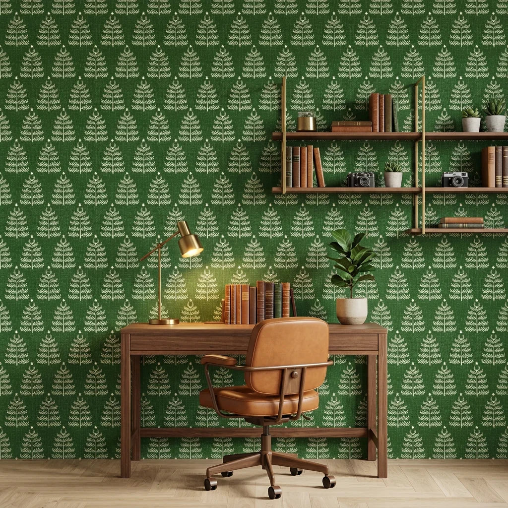Green and cream Forest Canopy peel and stick wallpaper in mid-century modern home office