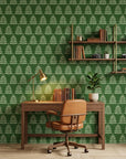 Green and cream Forest Canopy peel and stick wallpaper in mid-century modern home office