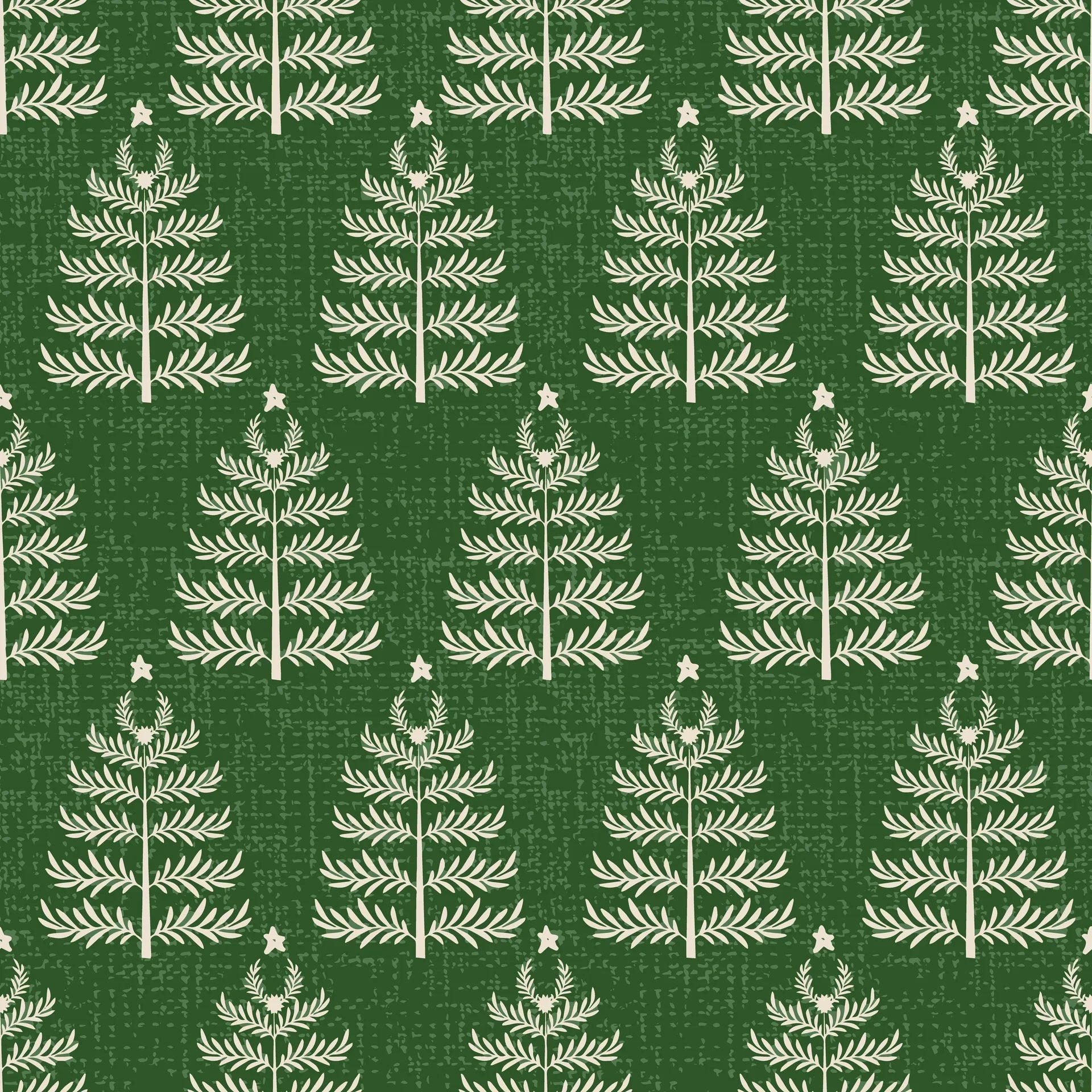 Nordic-inspired Forest Canopy wallpaper with cream pine trees and stars on textured forest green background