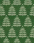 Nordic-inspired Forest Canopy wallpaper with cream pine trees and stars on textured forest green background