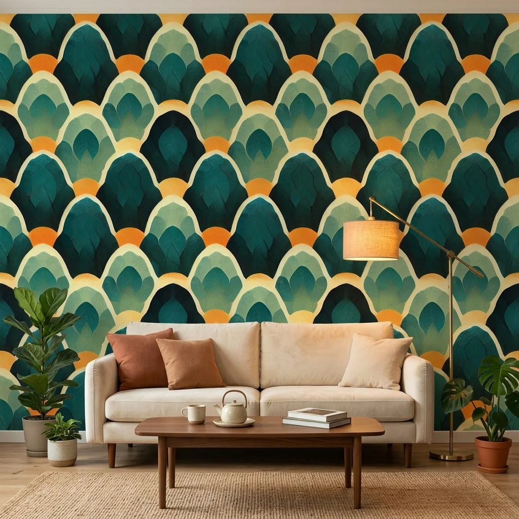 Forest Cathedral dramatic green and gold layered leaf wallpaper creating ambiance in a serene bathroom