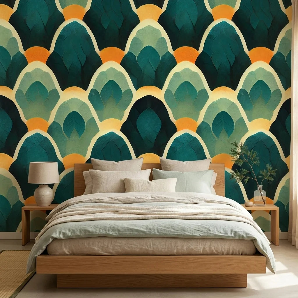 Forest Cathedral dramatic green and gold layered leaf wallpaper in a warm and inviting living room