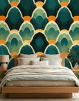 Forest Cathedral dramatic green and gold layered leaf wallpaper in a warm and inviting living room