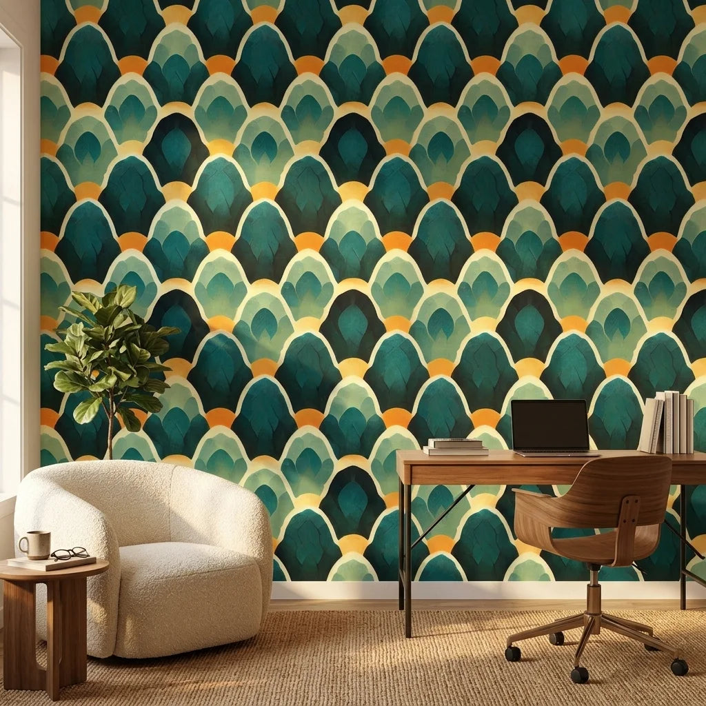 Forest Cathedral dramatic green and gold layered leaf wallpaper adding character to a cozy bedroom
