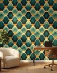 Forest Cathedral dramatic green and gold layered leaf wallpaper adding character to a cozy bedroom
