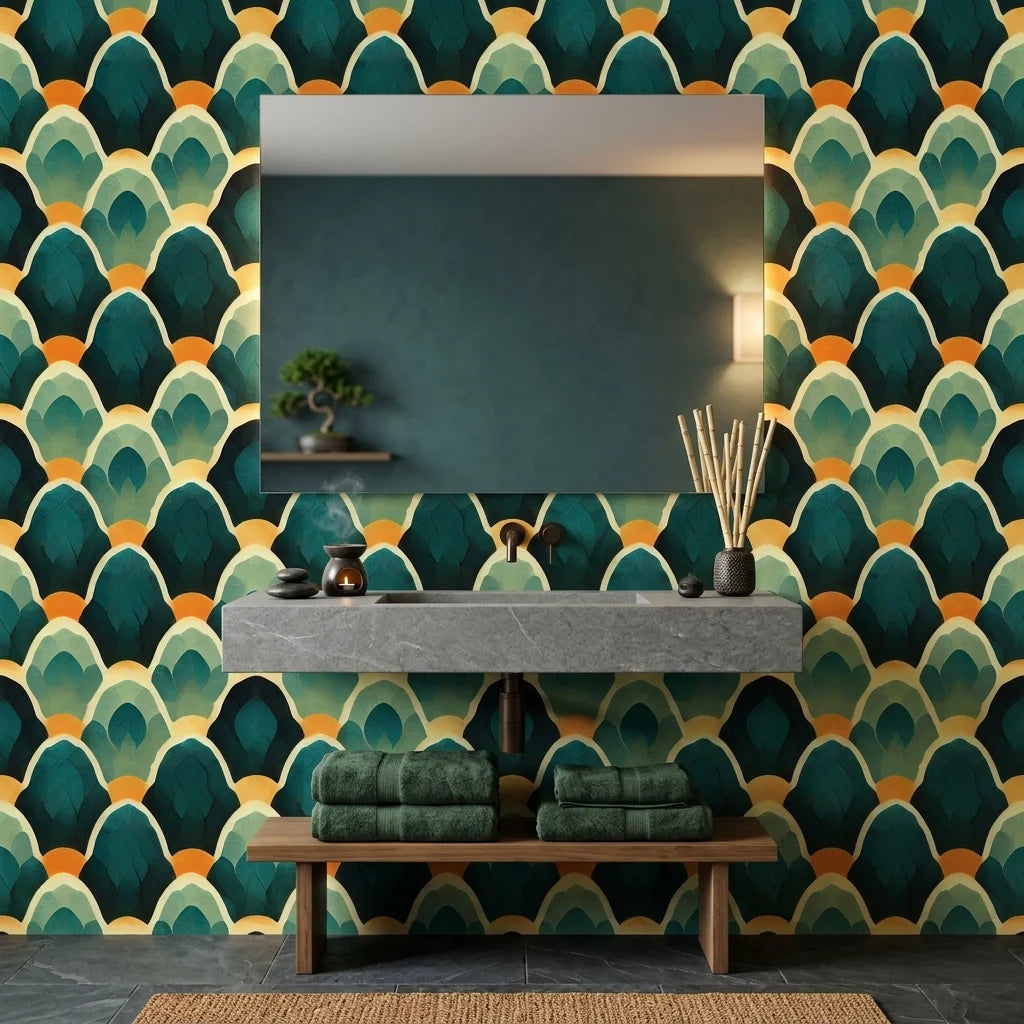 Forest Cathedral dramatic green and gold layered leaf wallpaper as a feature wall in a bright home office