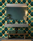 Forest Cathedral dramatic green and gold layered leaf wallpaper as a feature wall in a bright home office