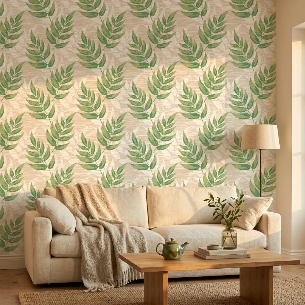 Forest Floor green botanical peel and stick wallpaper in a warm and inviting living room