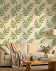 Forest Floor green botanical peel and stick wallpaper in a warm and inviting living room