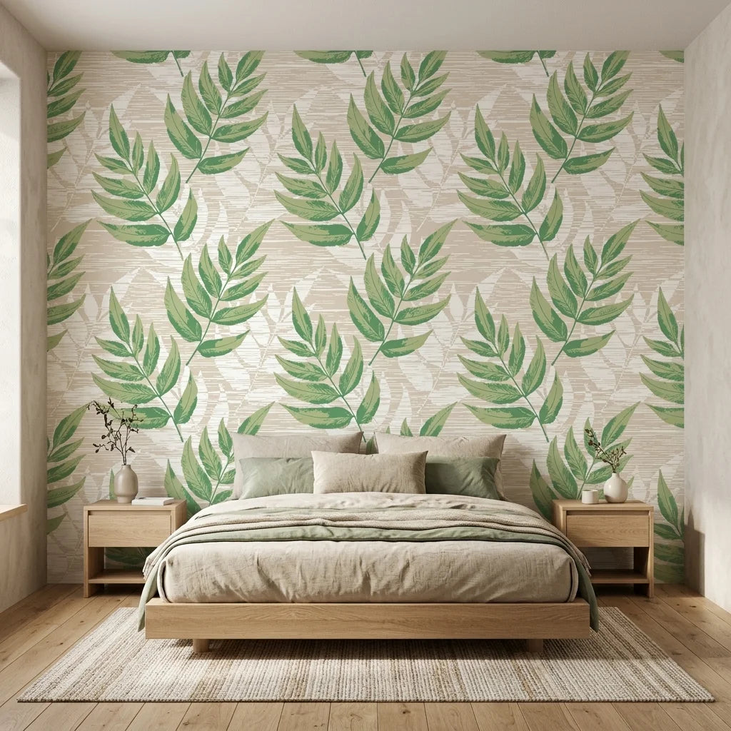 Forest Floor green botanical peel and stick wallpaper adding character to a cozy bedroom