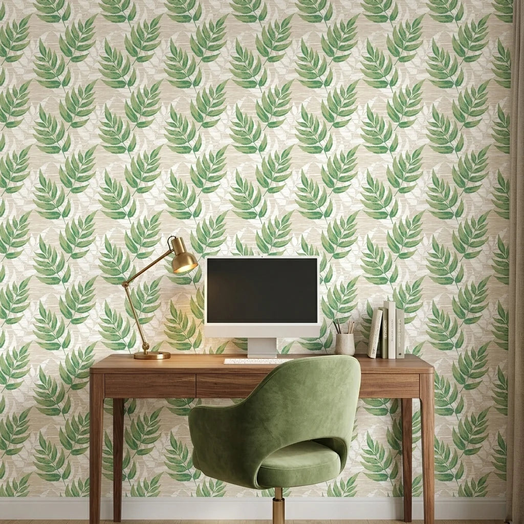 Forest Floor green botanical peel and stick wallpaper as a feature wall in a bright home office