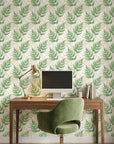 Forest Floor green botanical peel and stick wallpaper as a feature wall in a bright home office