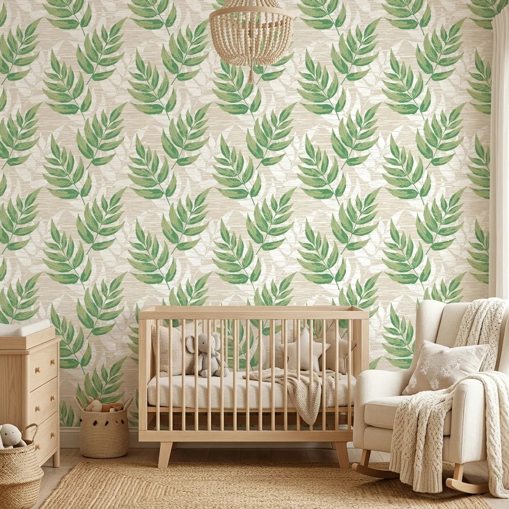 Forest Floor green botanical peel and stick wallpaper bringing warmth to a peaceful nursery