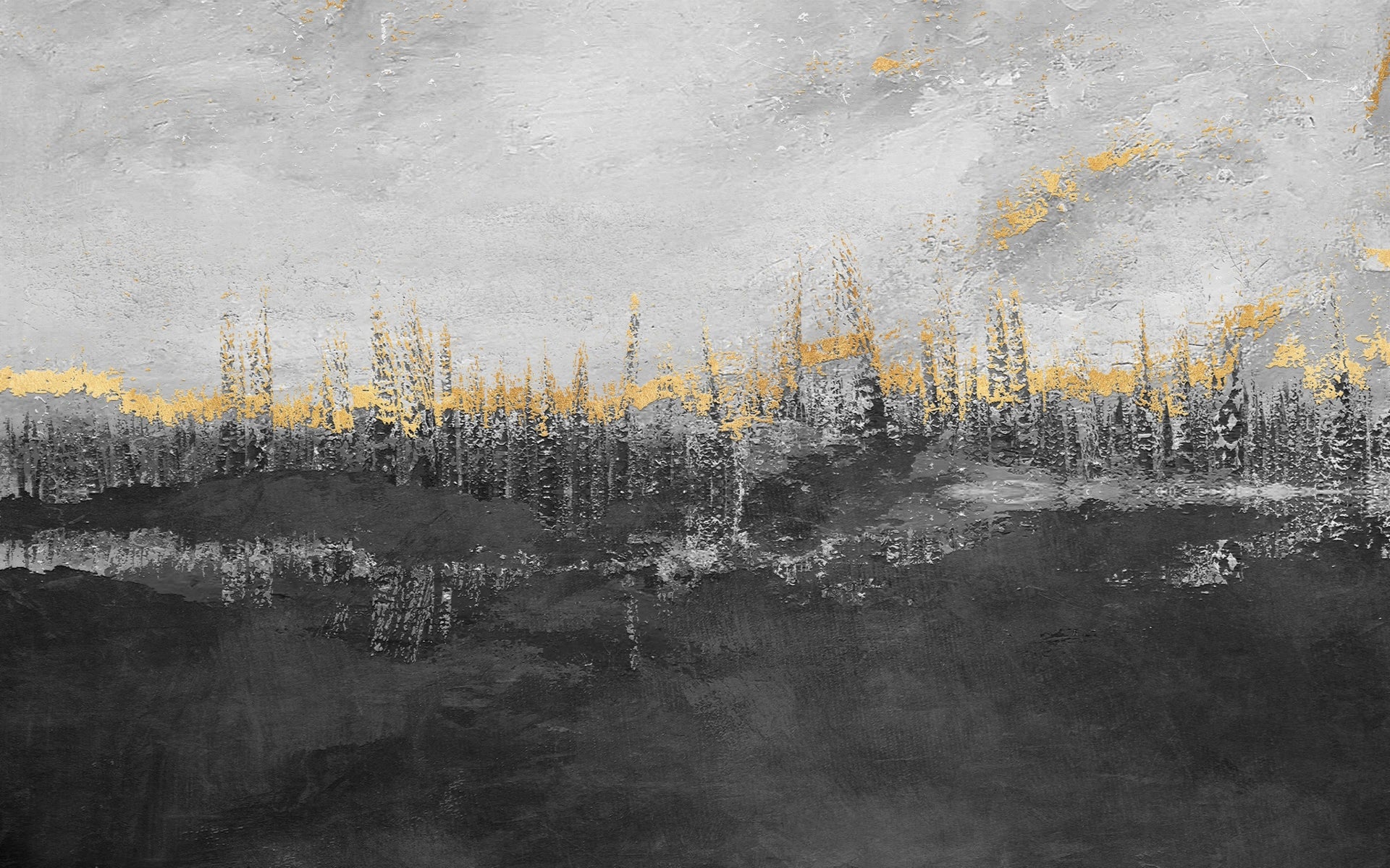 Contemporary Forest Gold wallpaper with gold horizon and charcoal forest silhouettes on textured gray backdrop
