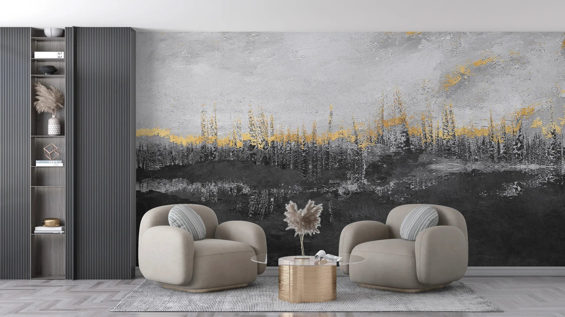 Abstract Forest Gold wallpaper mural with gold leaf accents over charcoal landscape in modern living room