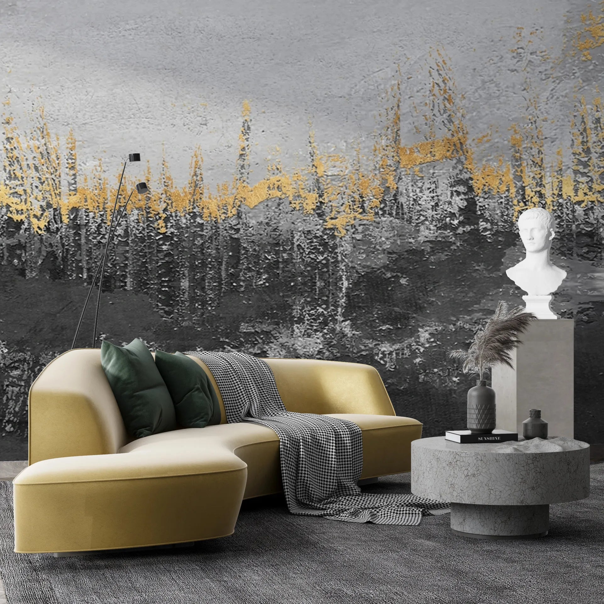 Forest Gold abstract wallpaper with gold brushstrokes on gray backdrop in modern living room setting
