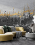 Forest Gold abstract wallpaper with gold brushstrokes on gray backdrop in modern living room setting