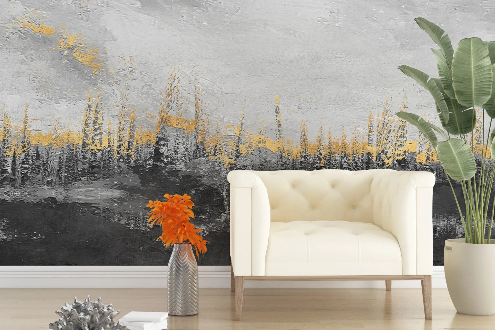Gray and gold Forest Gold abstract wallpaper with distressed paint effect in modern living room